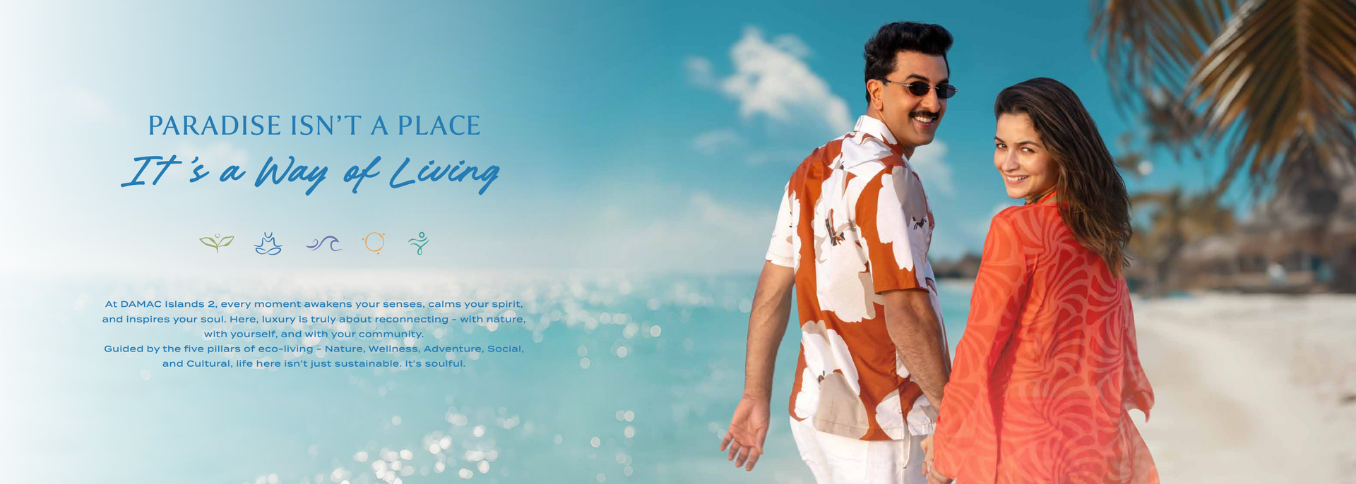 A couple in beach attire walk on a tropical beach. The ocean and sky in the background with text overlay.
