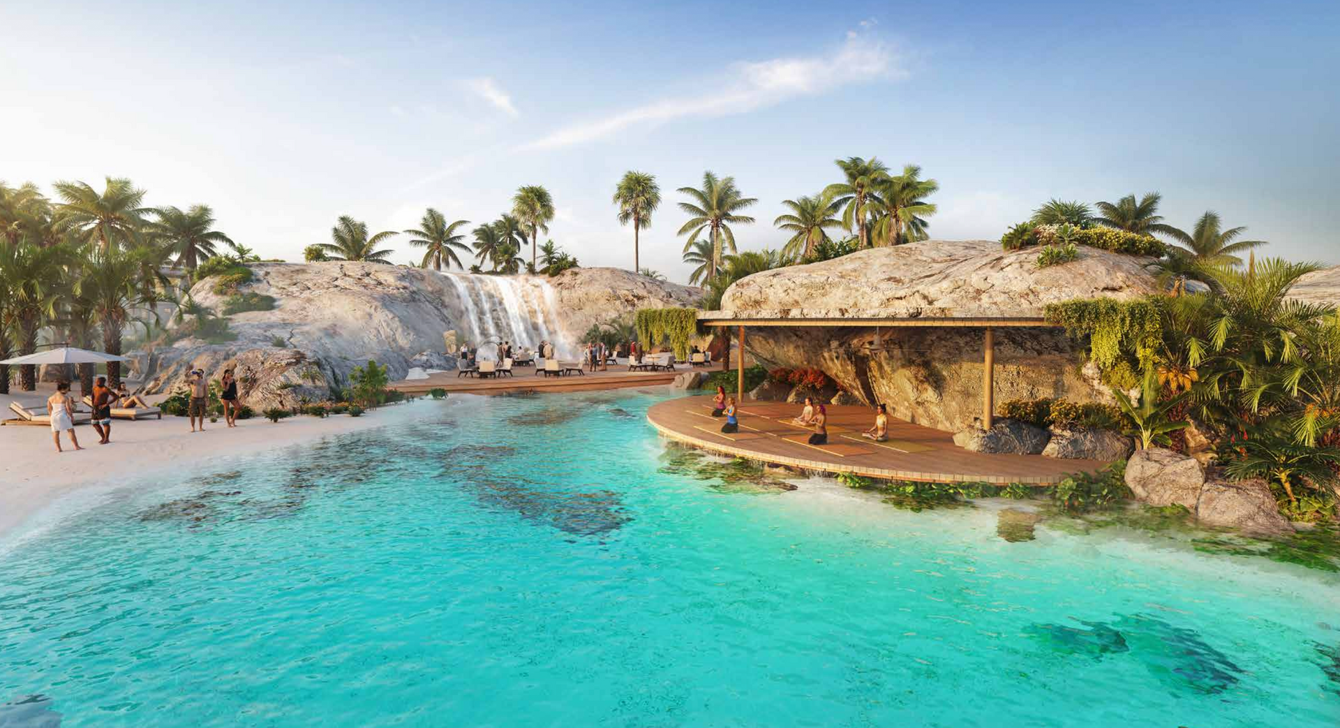Tropical resort scene with a blue lagoon, sandy beach, waterfalls, and palm trees. A thatched roof bar is visible.