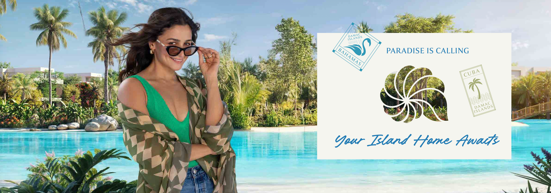 Woman by a pool with sunglasses, in front of a sign with palm trees on it.