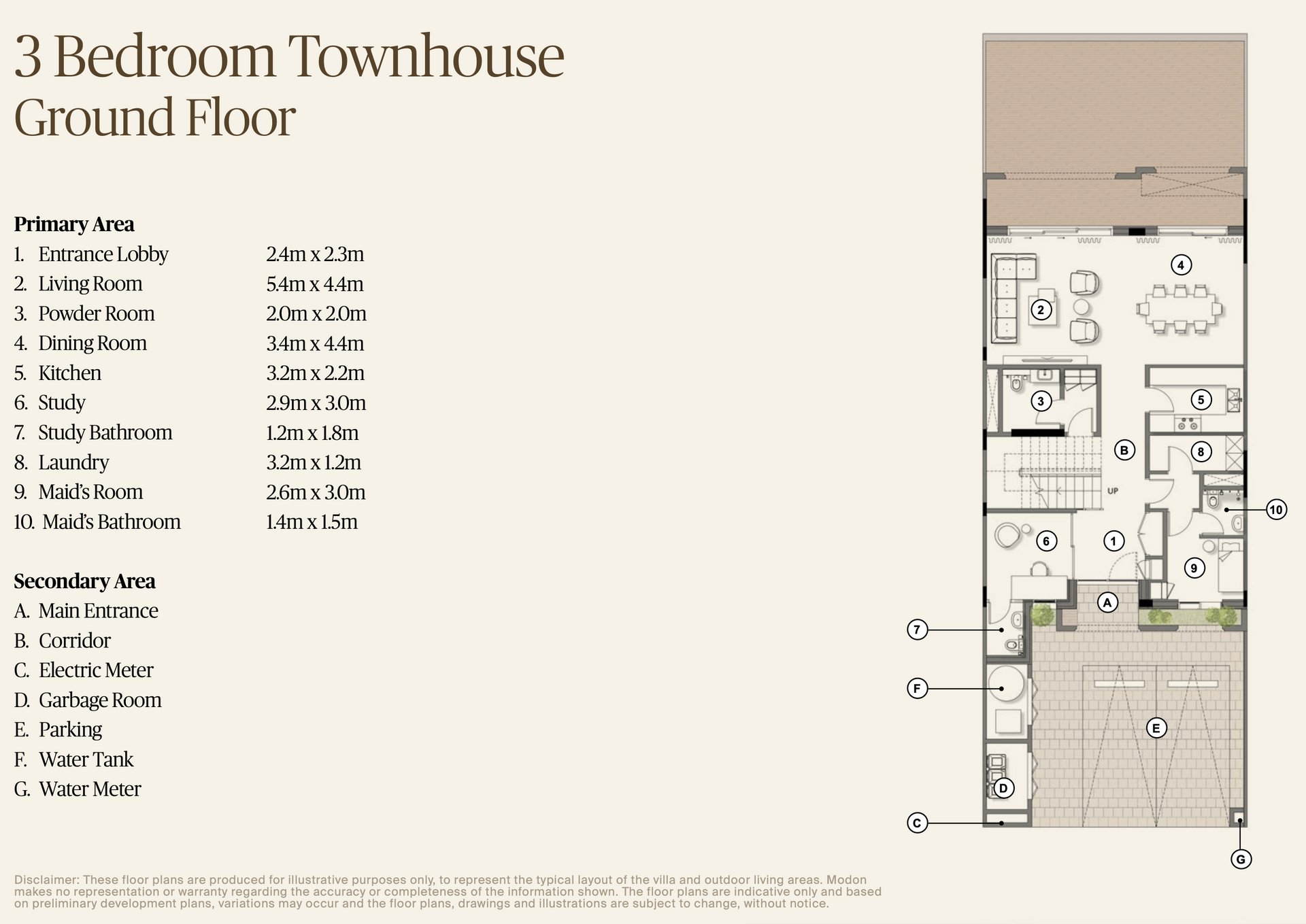 Floor plan of a 3-bedroom townhouse ground floor. Shows entrance, living room, kitchen, and outdoor patio.