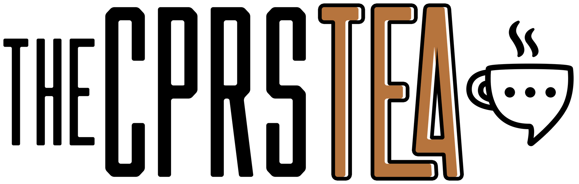 A logo for the cprs tea with a cup of tea and a speech bubble.