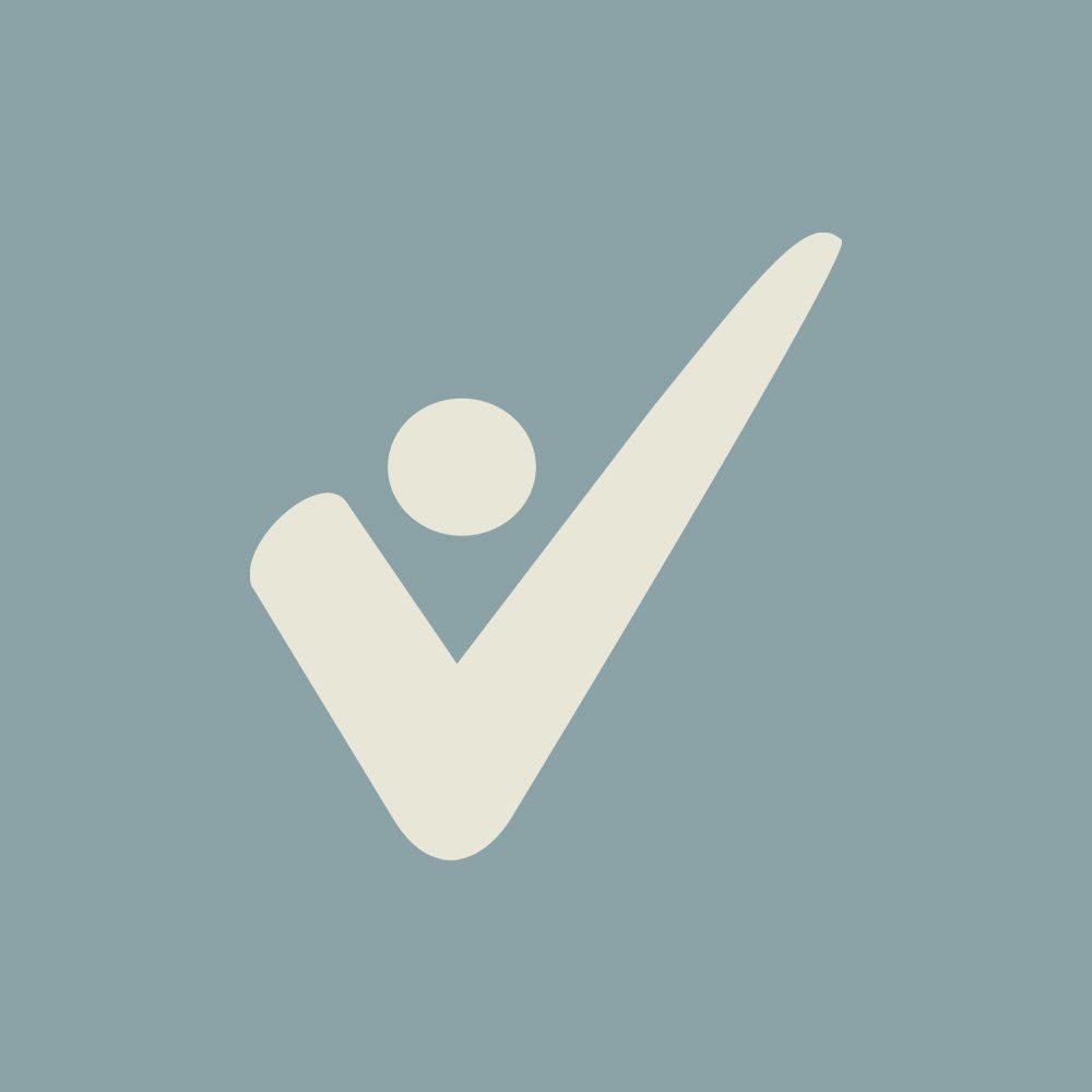 A white check mark with a person in the middle on a blue background.