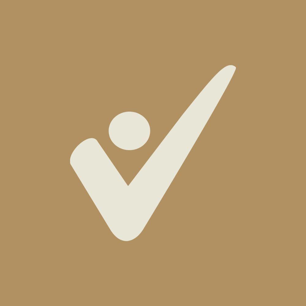 A white check mark with a person 's head on a brown background.