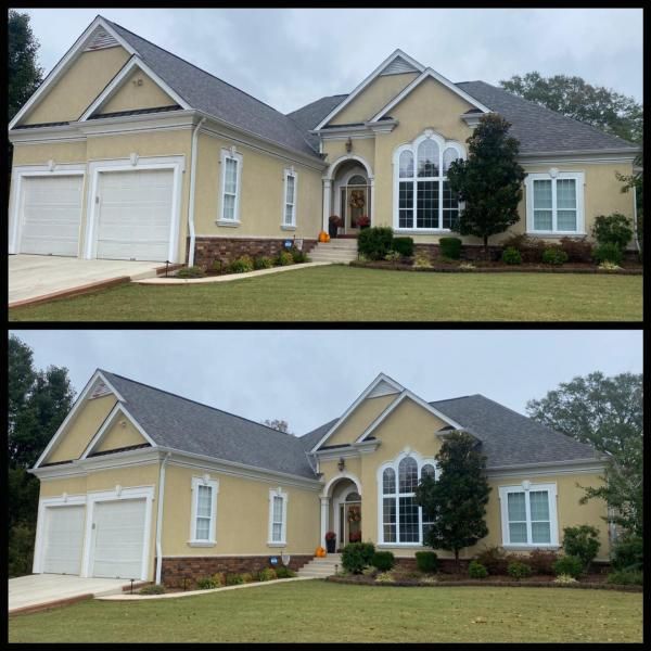 Two similar photos of a beige suburban house with a two-car garage and arched front window.