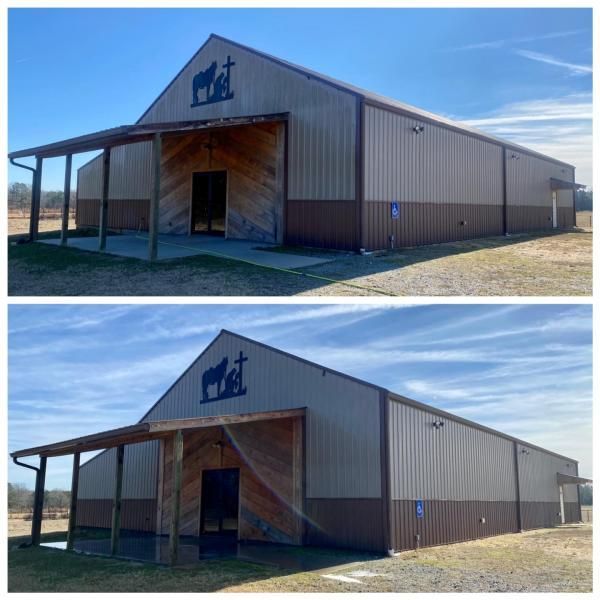 Two views of a tan metal barn-style building with a covered porch and logo on the front.