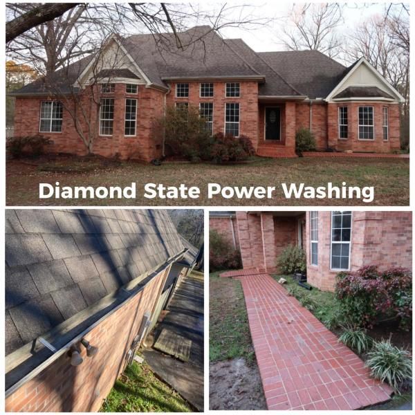 Diamond State Power Washing before-and-after home exterior and brick walkway cleaning photos