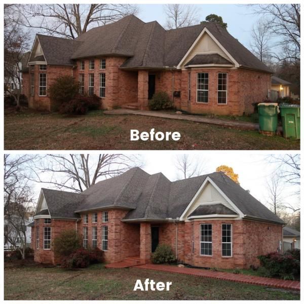 Brick house exterior shown in before-and-after comparison with landscaping changes and a redbrick border added