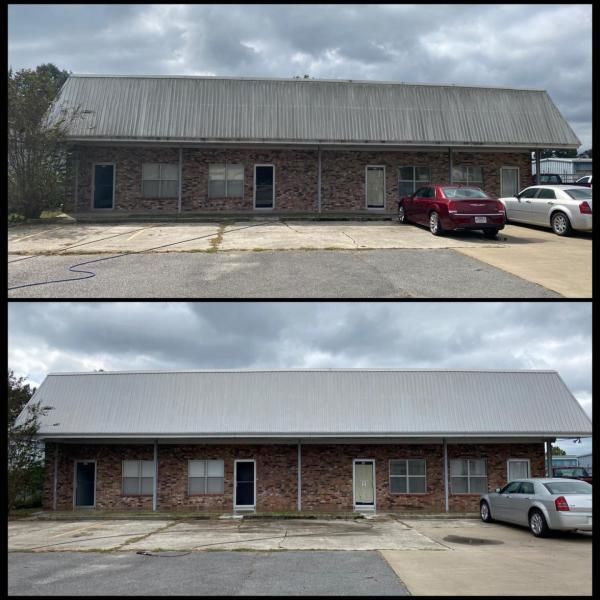 Before-and-after view of a brick building with a new light gray metal roof and parked cars in front