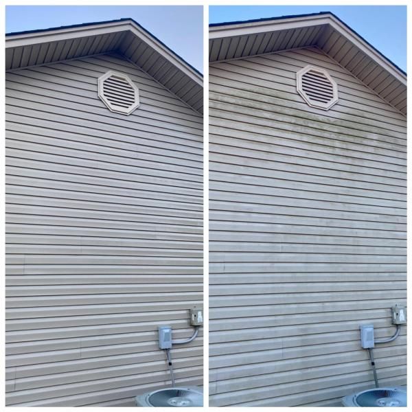 Side-by-side view of a house exterior wall before and after cleaning, with a round vent near the roof.