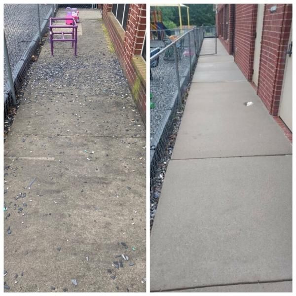 Before-and-after sidewalk repair: uneven gravel path beside a brick building replaced with smooth concrete.