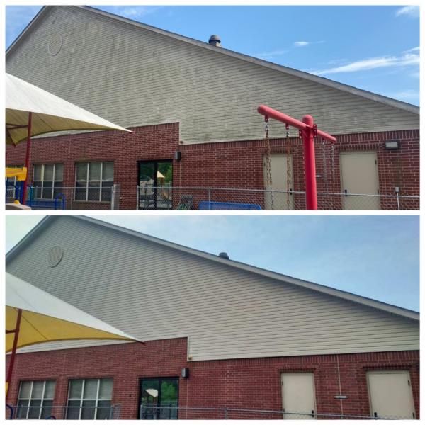 Before-and-after view of a brick building with a beige roof and red playground structure under a blue sky