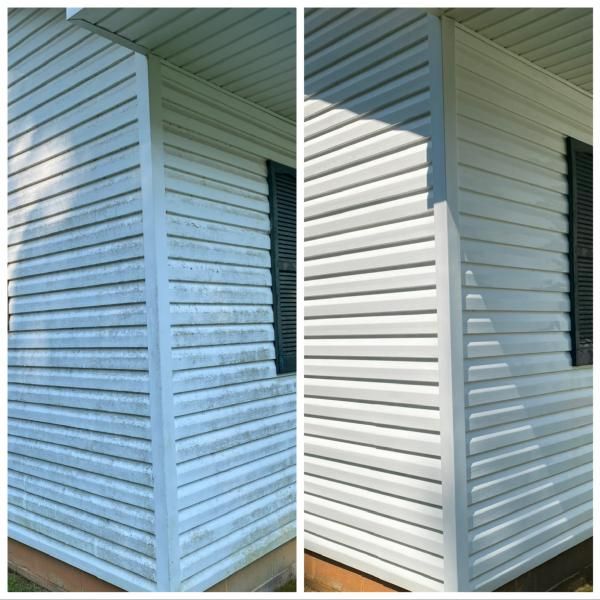 Side-by-side photo of a house corner with white vinyl siding, before and after cleaning or painting.