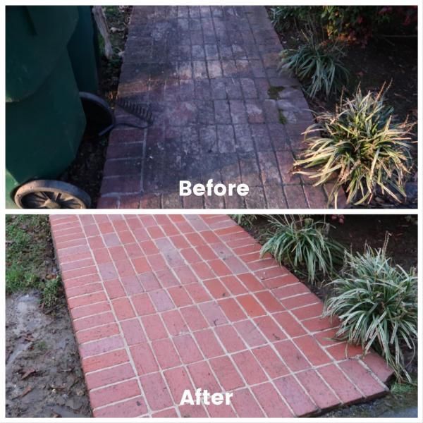 Before and after of a brick walkway: worn dark pavers replaced with a clean red brick path.