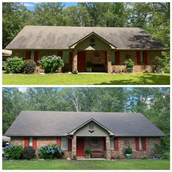 Two photos of a brick house, top with tan siding, bottom with red shutters and gray roof