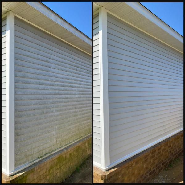 Side-by-side comparison of a dirty white house siding before and after cleaning.