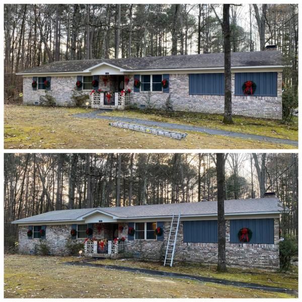 Before-and-after view of a single-story blue house with Christmas wreaths and a stone facade in a wooded yard