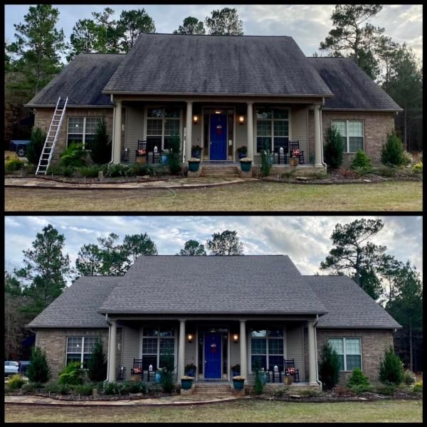 Before-and-after view of a house exterior with a refreshed gray roof and blue front door