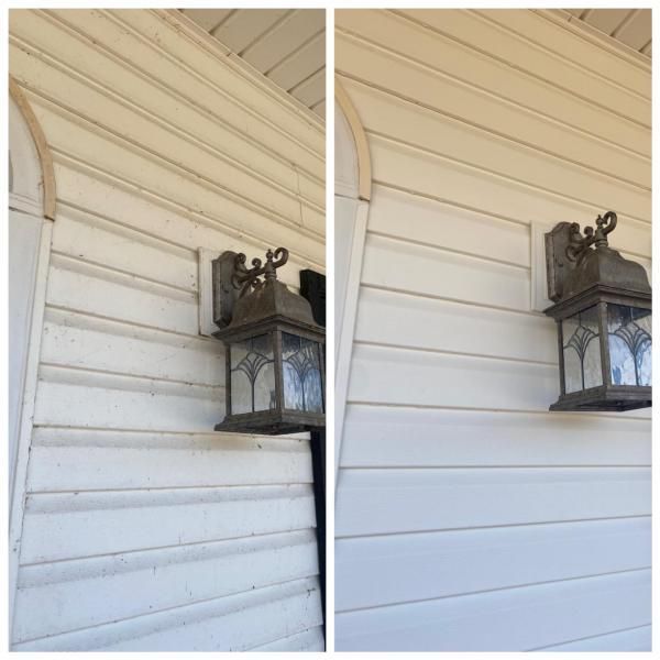 Before-and-after view of a white house wall and lantern, showing a stained surface cleaned to bright white.