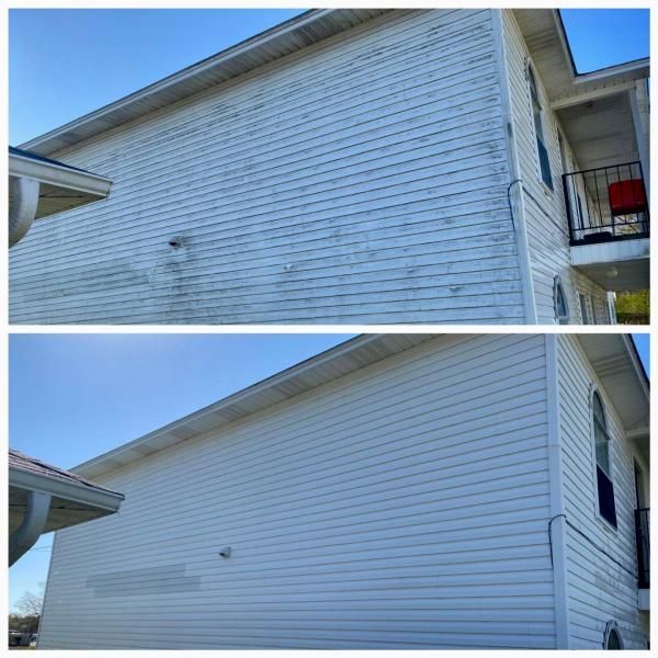 White-sided apartment building exterior, showing before-and-after views of repaired siding and a small wall patch.