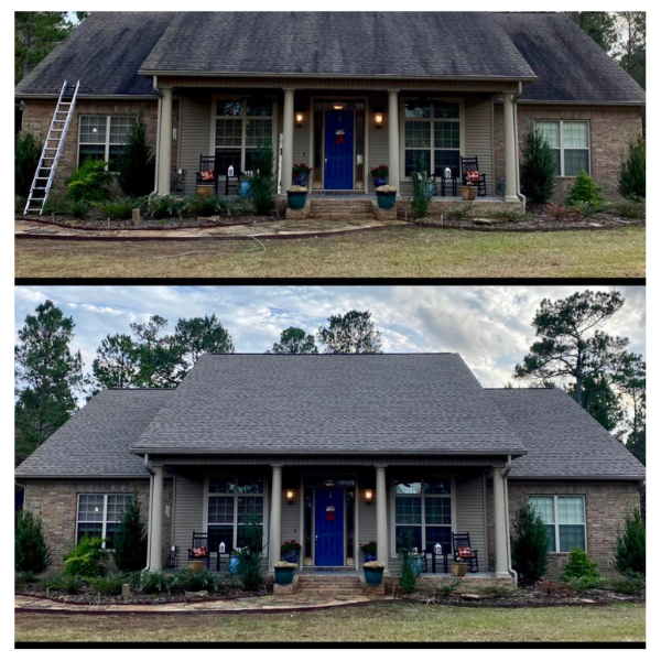 Two views of a gray house with a dark roof and blue front door, shown before and after landscaping.