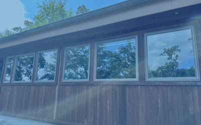 Wooden building exterior with a row of windows beneath a blue roofline, seen from outside.