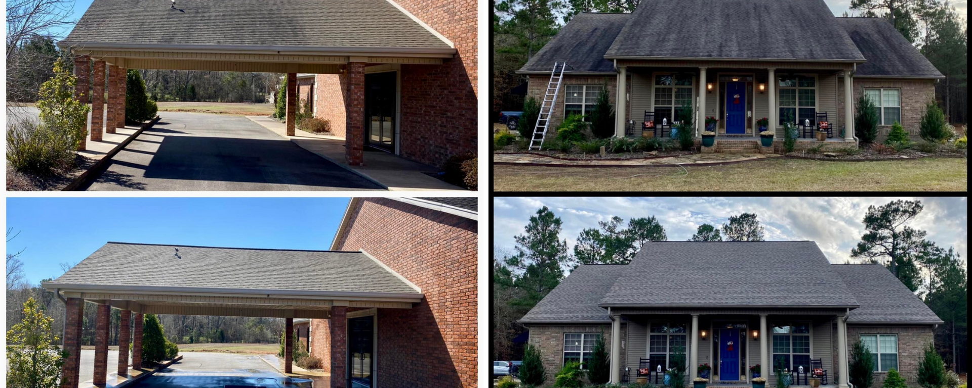 Four views of a brick house with a shingled roof and front porch from different angles