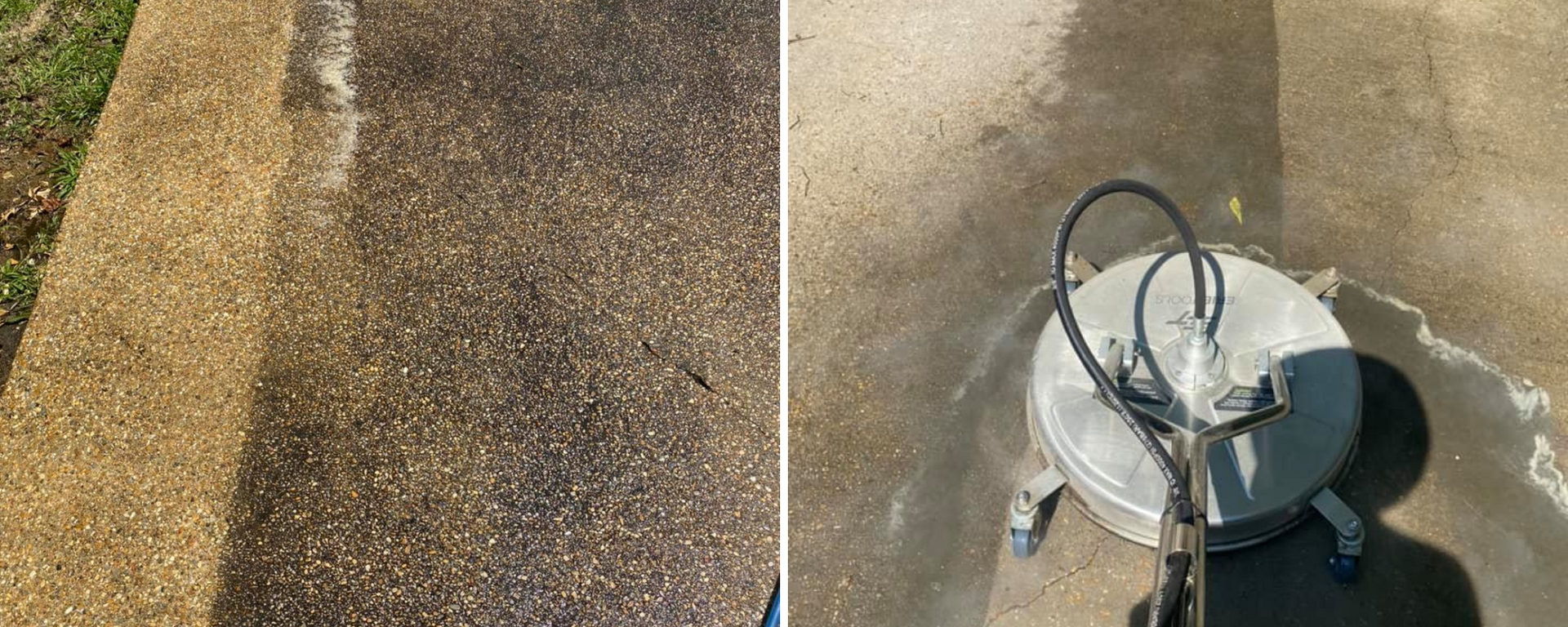 Wet concrete walkway beside a parked pressure washer on a driveway