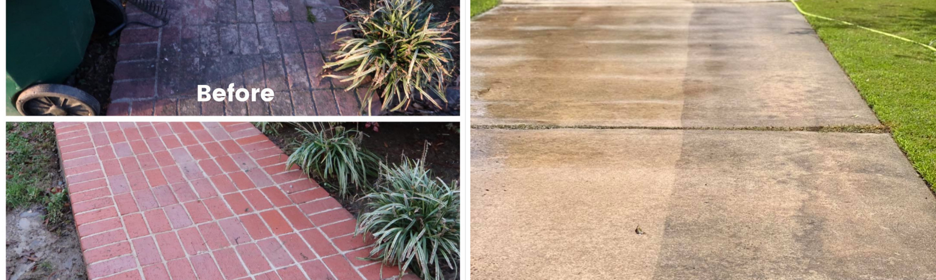 Before-and-after of a walkway: red brick path on the left, concrete sidewalk on the right, with a garden edge.