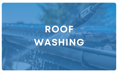 Roof washing text over a blue-tinted image of a pressure washer cleaning roof shingles