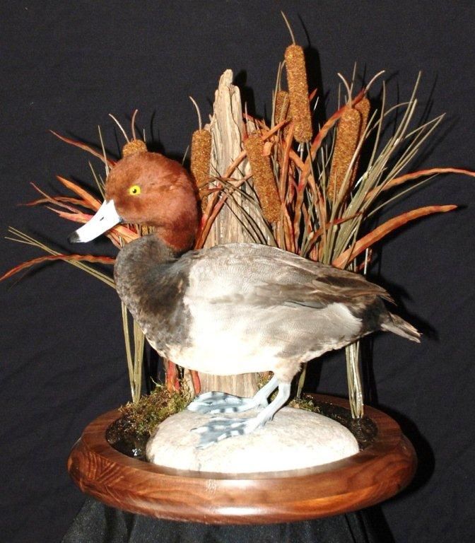 A stuffed duck is sitting on top of a wooden pedestal
