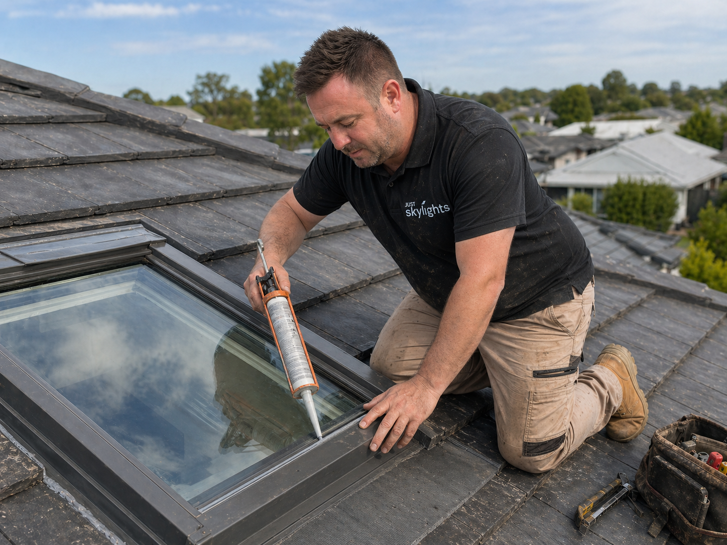 Worker sealing a skylight on a shingled roof with caulk gun