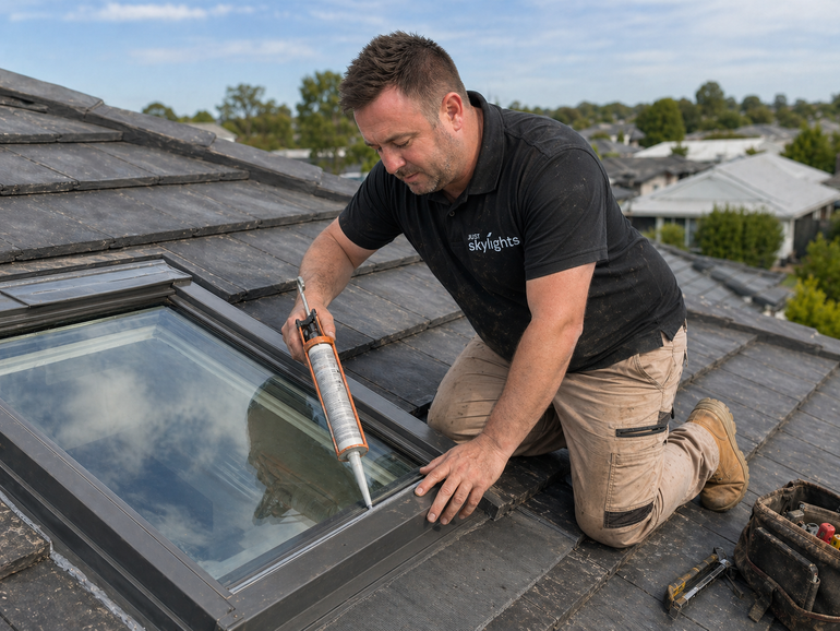 Worker sealing a skylight on a shingled roof with caulk gun