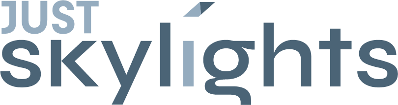 Just Skylights logo in light blue and gray text on a white background