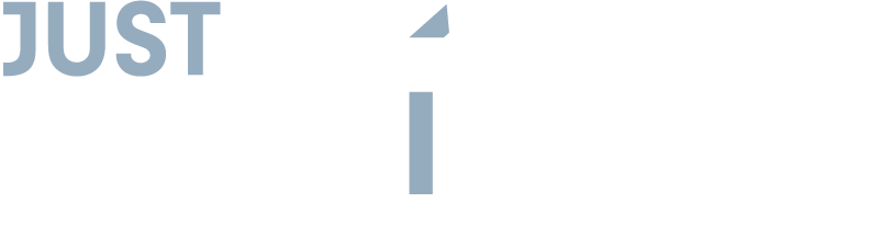 Light gray “JUST” text with a stylized lowercase “i” on a white background