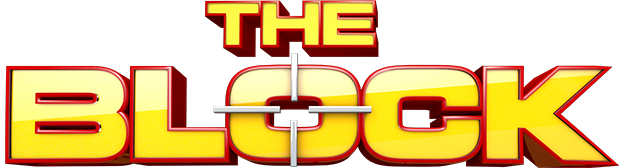 Logo reading “THE BLOCK” in bold yellow-orange text with a red outline on a transparent background