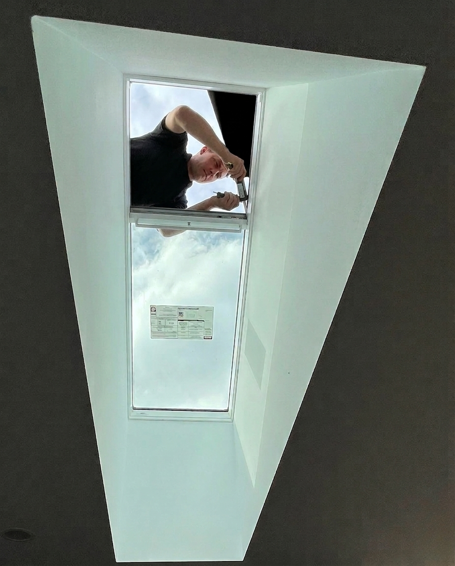 Person reaching through a ceiling access panel in a white ceiling.