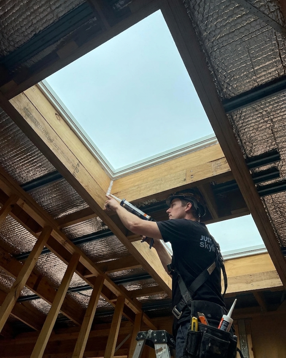 Worker installing skylights in a wooden roof frame, reaching up inside an unfinished structure.