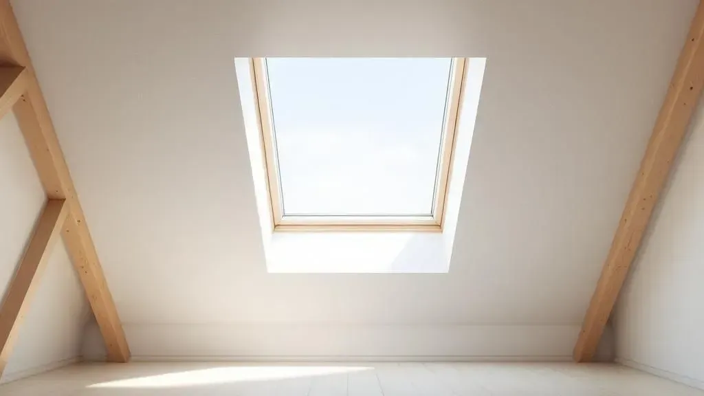 Bright attic ceiling with a central skylight and exposed wooden beams