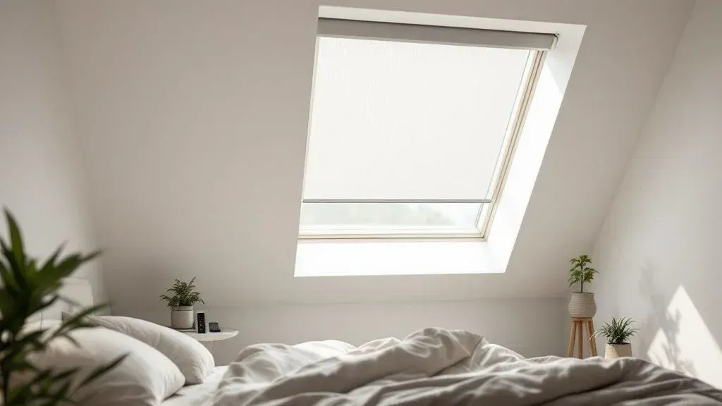 Bright bedroom with an open skylight, white bedding, and small potted plants on the windowsill.