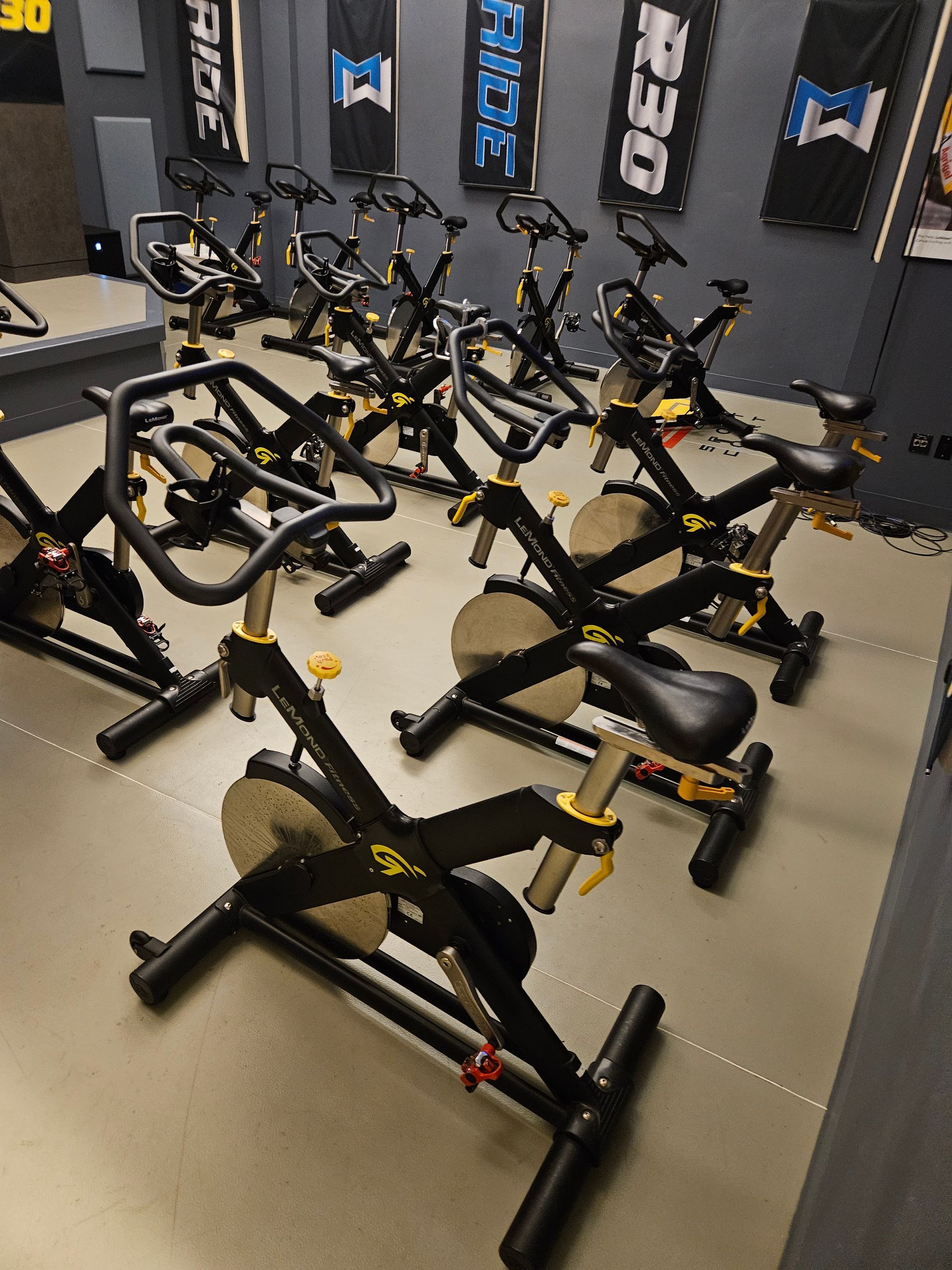 Row of black and yellow stationary exercise bikes in a gym studio
