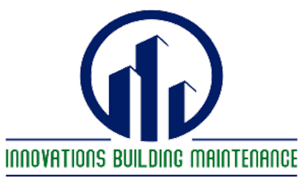 Innovations Building Maintenance logo with blue city skyline icon and green text on white background