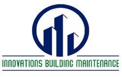 Innovations Building Maintenance logo with blue city skyline icon and green text on white background