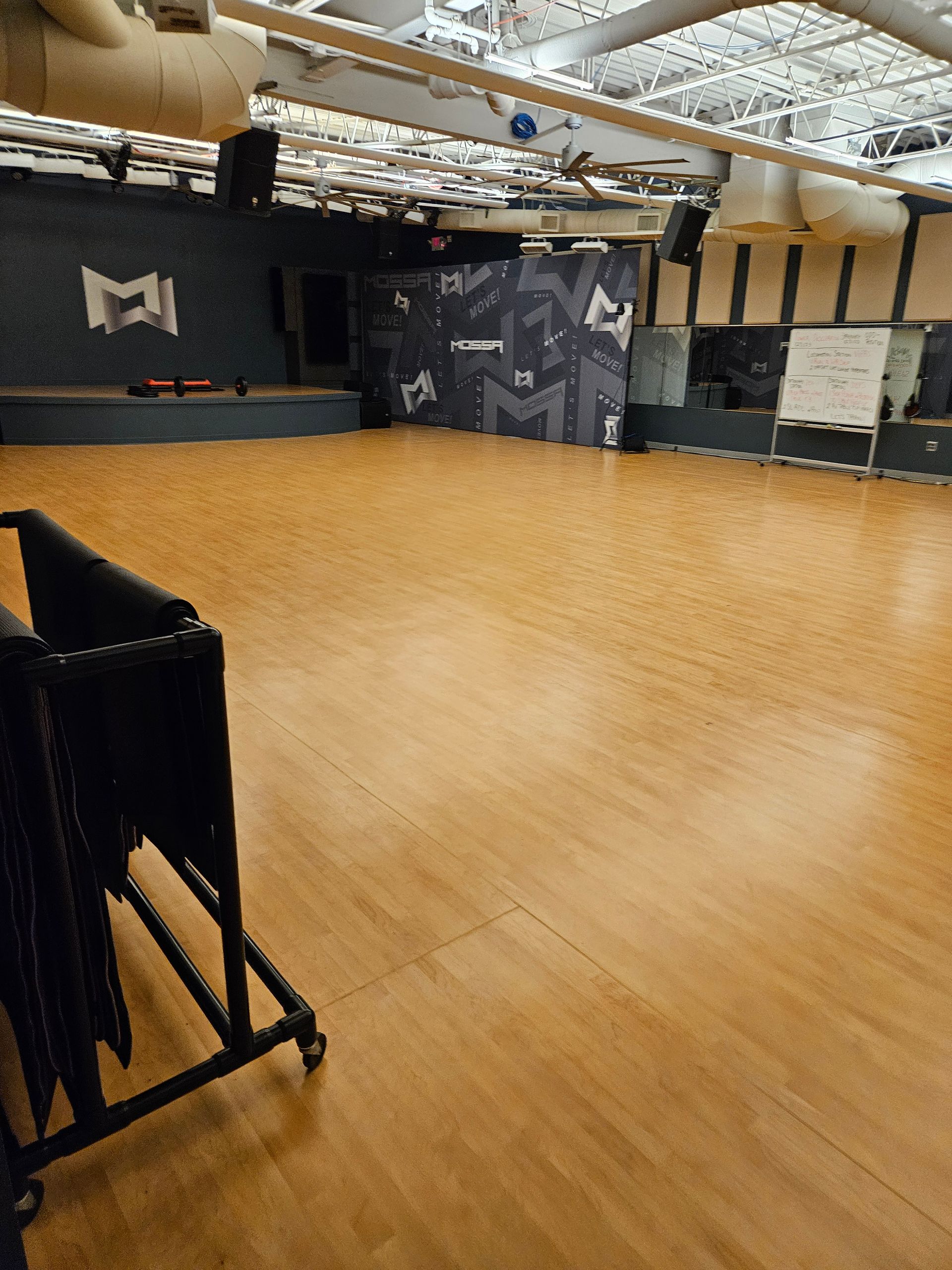 Empty gymnasium with polished wooden floor, black wall padding, and overhead lights.