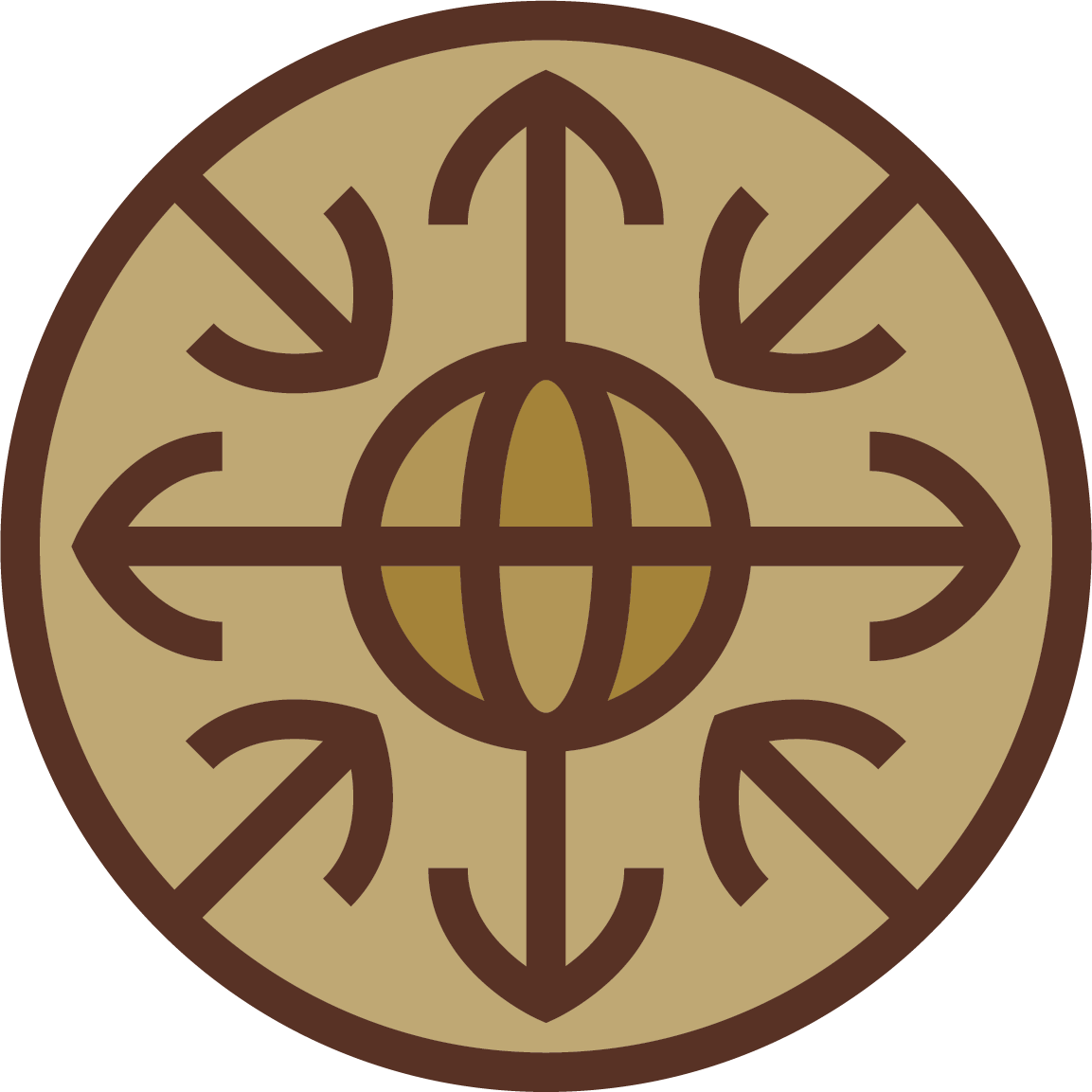 One Mission icon. 4 arrows pointing out of a globe (Great Commission), 4 arrows pointing in (new disciples into the Kingdom)