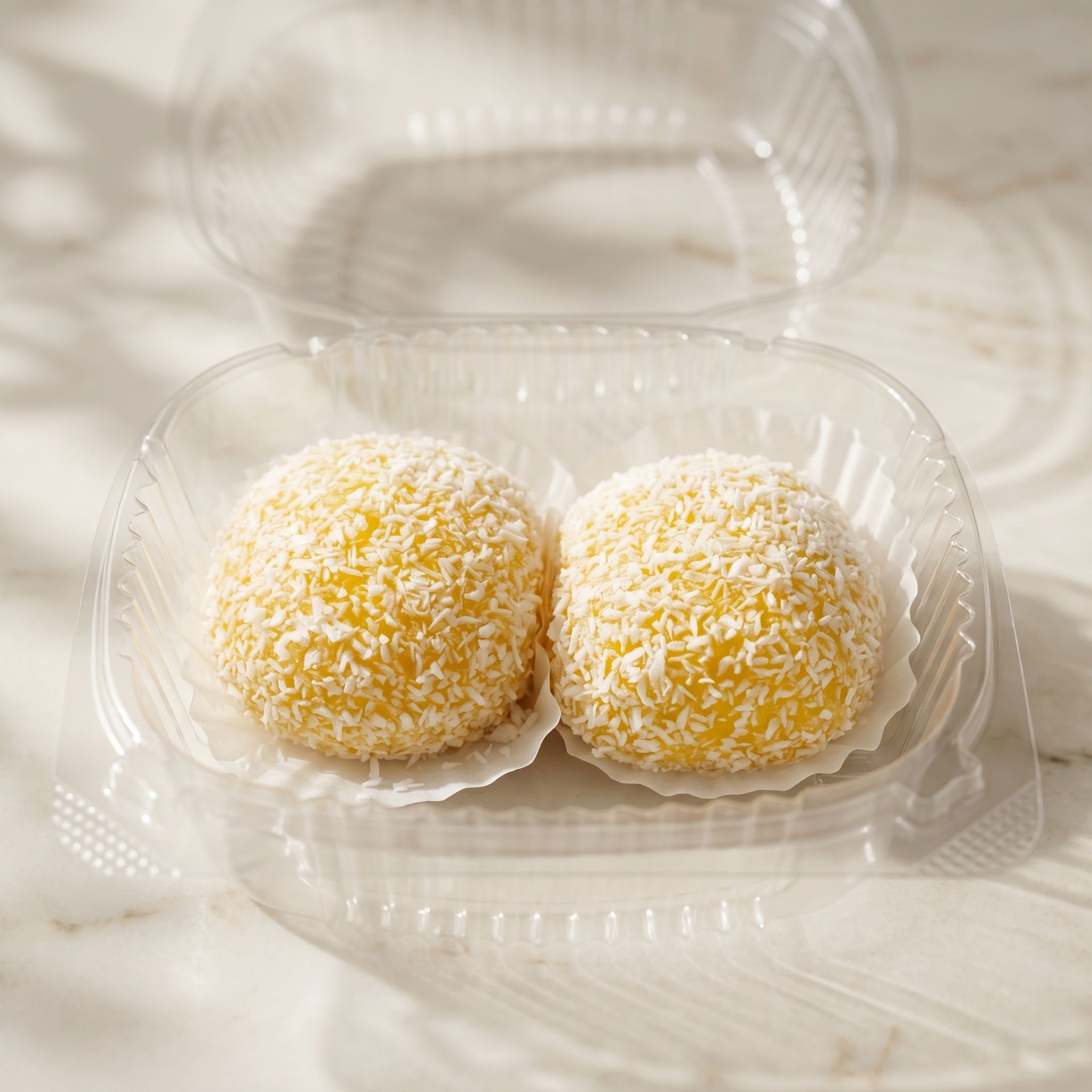 Two yellow coconut-covered sweets in a clear plastic tray on a light table