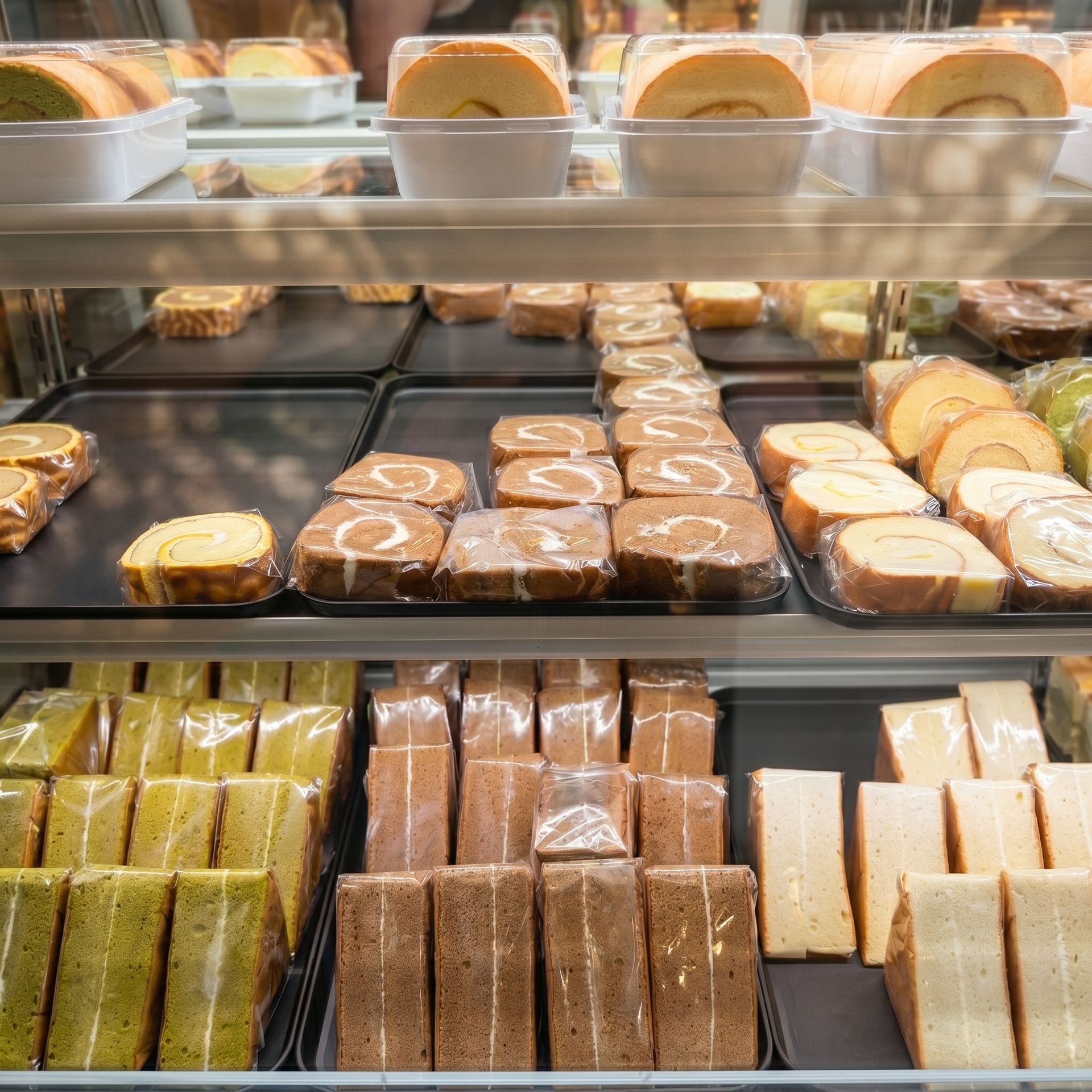 Assorted pastries and dessert slices arranged in a bakery display case behind glass.
