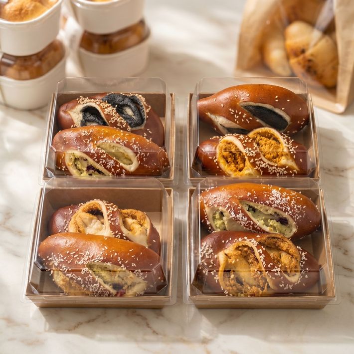 Assorted glazed pastries in clear boxes on a marble surface, with coffee cups in the background