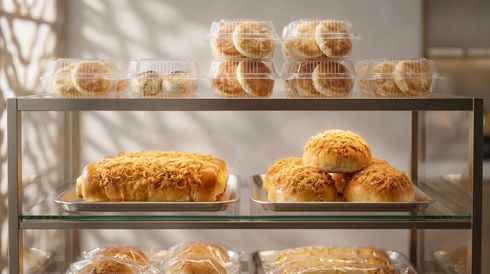 Bakery display case with assorted pastries and bread on glass shelves