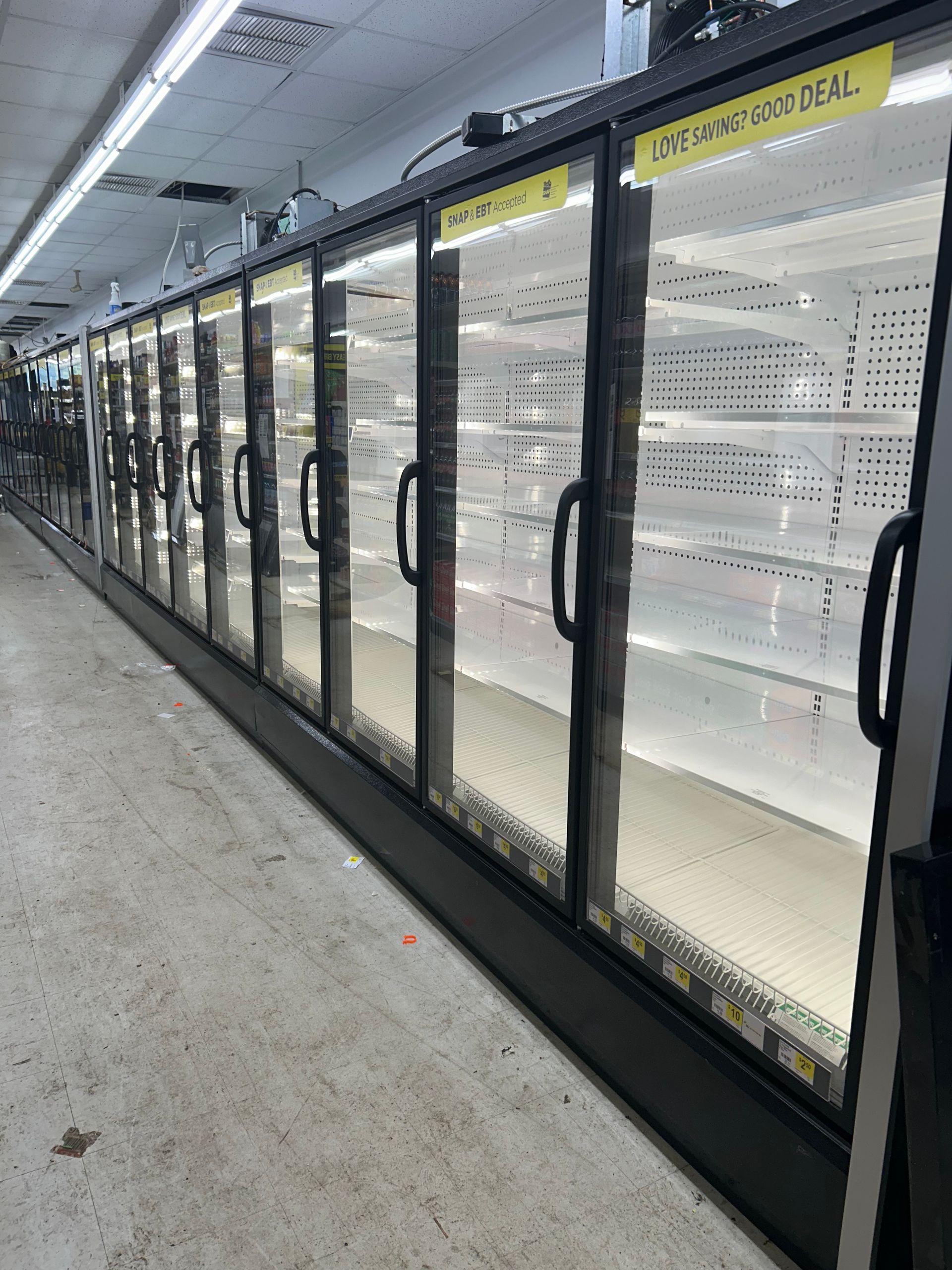 A long, empty row of glass-front commercial refrigerators in a brightly lit store.