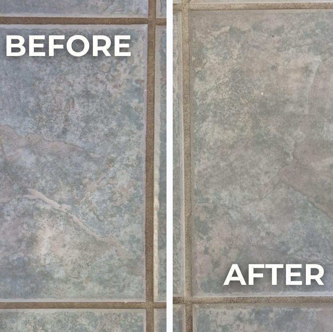 A side-by-side comparison of tile flooring, showing a dirty surface on the left and a clean, brightened surface on the right.